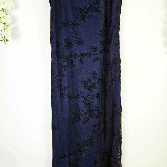 Y2K Navy Blue Black Velvet Burnout Mesh Floral Maxi Slip Dress Medium Whimsigoth - Picture 10 of 16